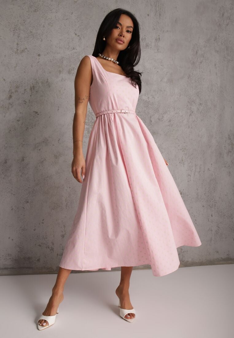 Różowa Retro Sukienka z Bawełny i Wiskozy w Kropki o Rozkloszowanym Kroju Phrithoe