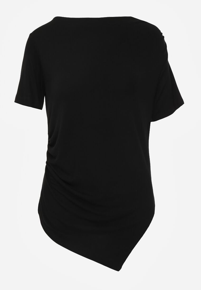 Czarna Asymetryczna Bluzka z Wiskozy z Krótkim Rękawem Zdobiona Marszczeniem Undishi 6