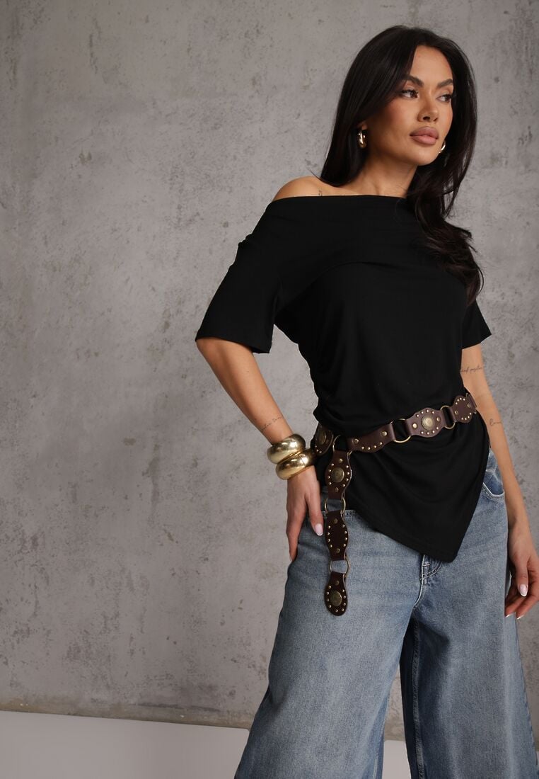 Czarna Asymetryczna Bluzka z Wiskozy z Krótkim Rękawem Zdobiona Marszczeniem Undishi