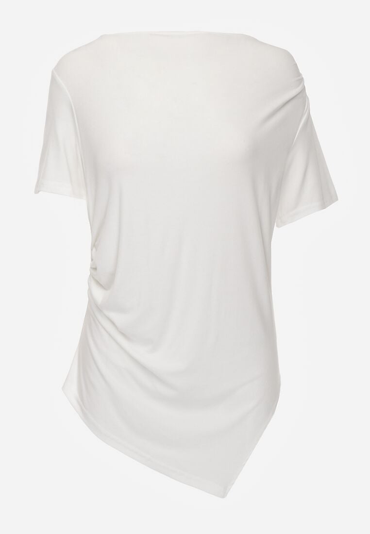 Biała Asymetryczna Bluzka z Wiskozy z Krótkim Rękawem Zdobiona Marszczeniem Undishi 6