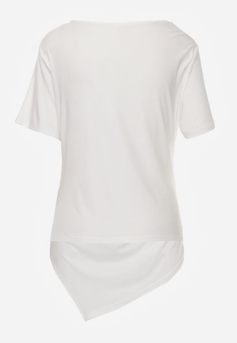Biała Asymetryczna Bluzka z Wiskozy z Krótkim Rękawem Zdobiona Marszczeniem Undishi 7