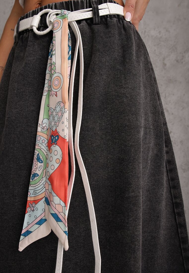 Czarna Bawełniana Spódnica Jeansowa o Rozkloszowanym Kroju z Ozdobnym Paskiem Eatiane 5