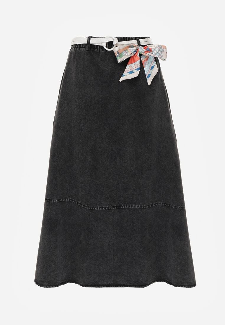 Czarna Bawełniana Spódnica Jeansowa o Rozkloszowanym Kroju z Ozdobnym Paskiem Eatiane 6