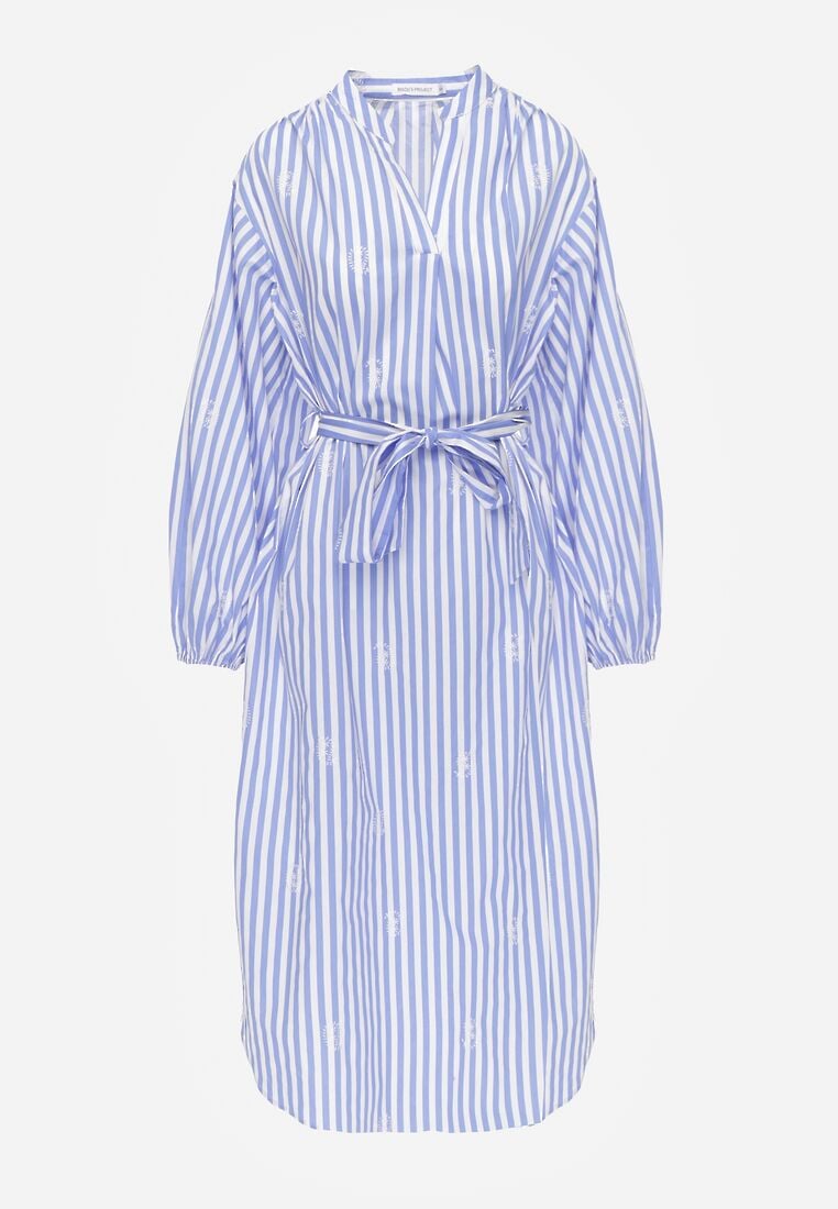 Niebieska Bawełniana Sukienka o Pudełkowym Kroju z Haftem i Wiązanym Paskiem Guineney 6