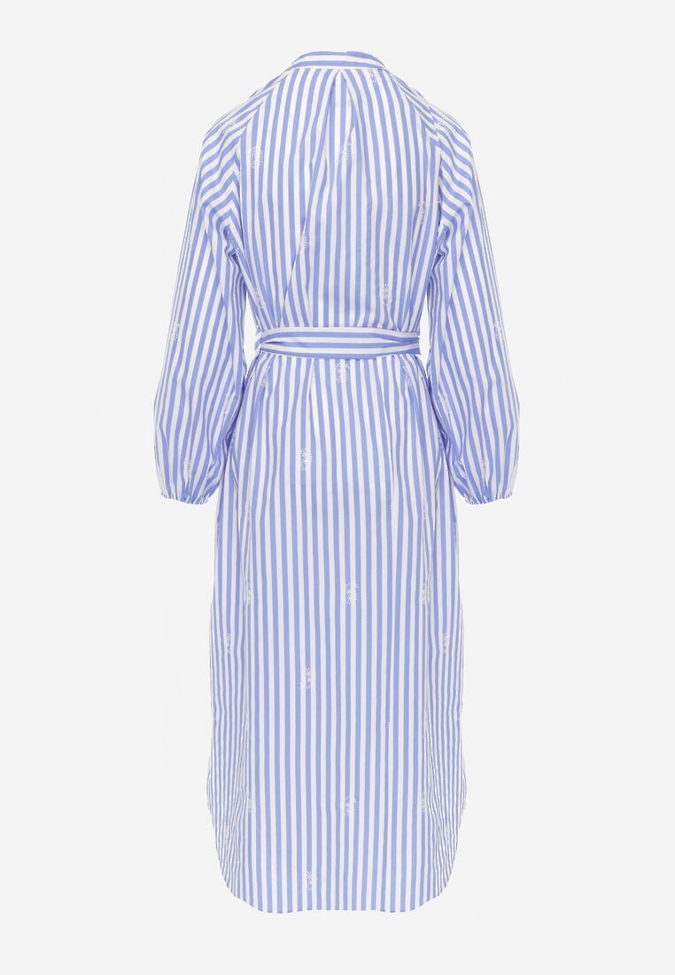 Niebieska Bawełniana Sukienka o Pudełkowym Kroju z Haftem i Wiązanym Paskiem Guineney 7