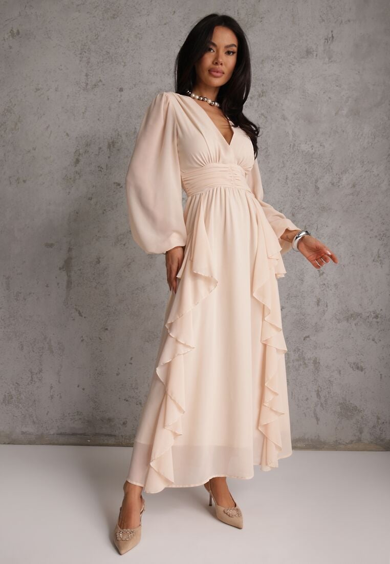 Beżowa Rustykalna Sukienka Wieczorowa z Falbanami i Marszczeniem w Talii Himereanes 4