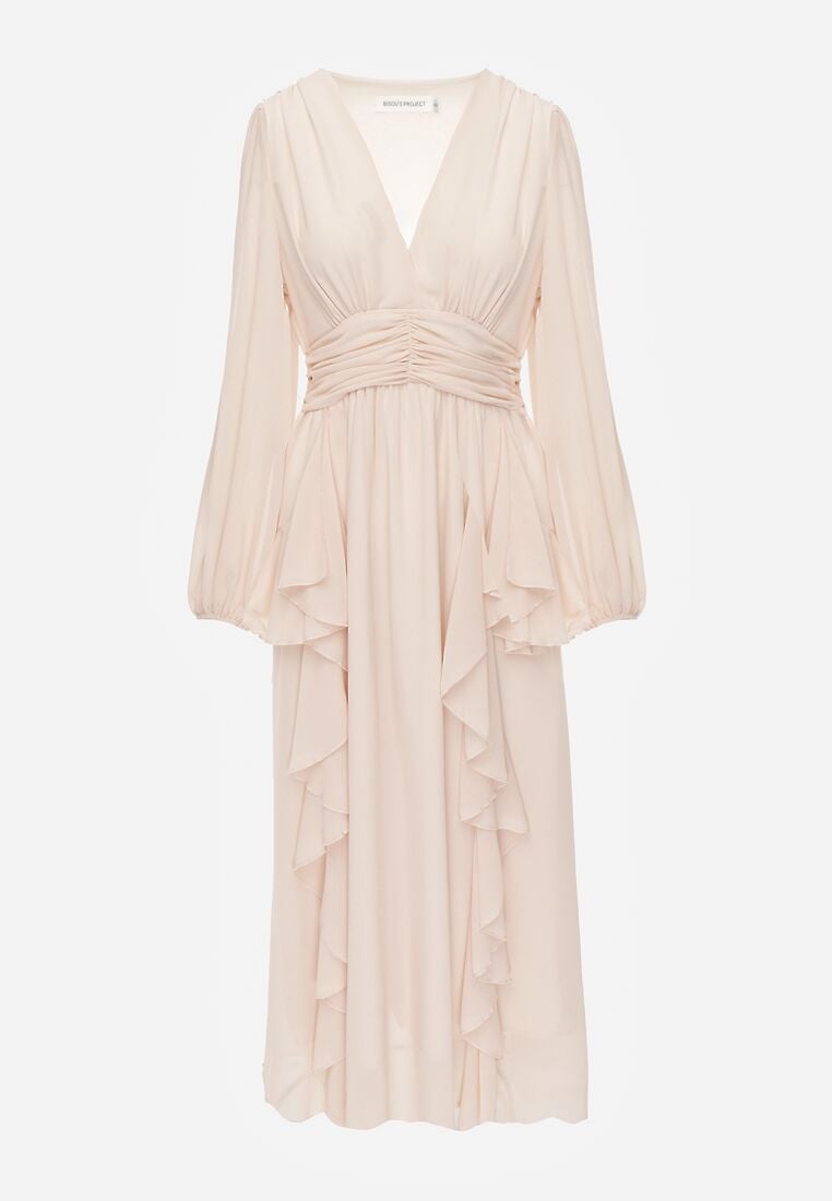 Beżowa Rustykalna Sukienka Wieczorowa z Falbanami i Marszczeniem w Talii Himereanes 6