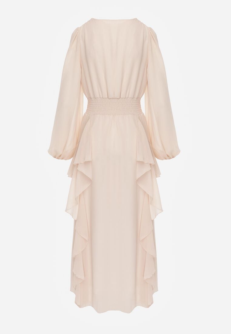 Beżowa Rustykalna Sukienka Wieczorowa z Falbanami i Marszczeniem w Talii Himereanes 7