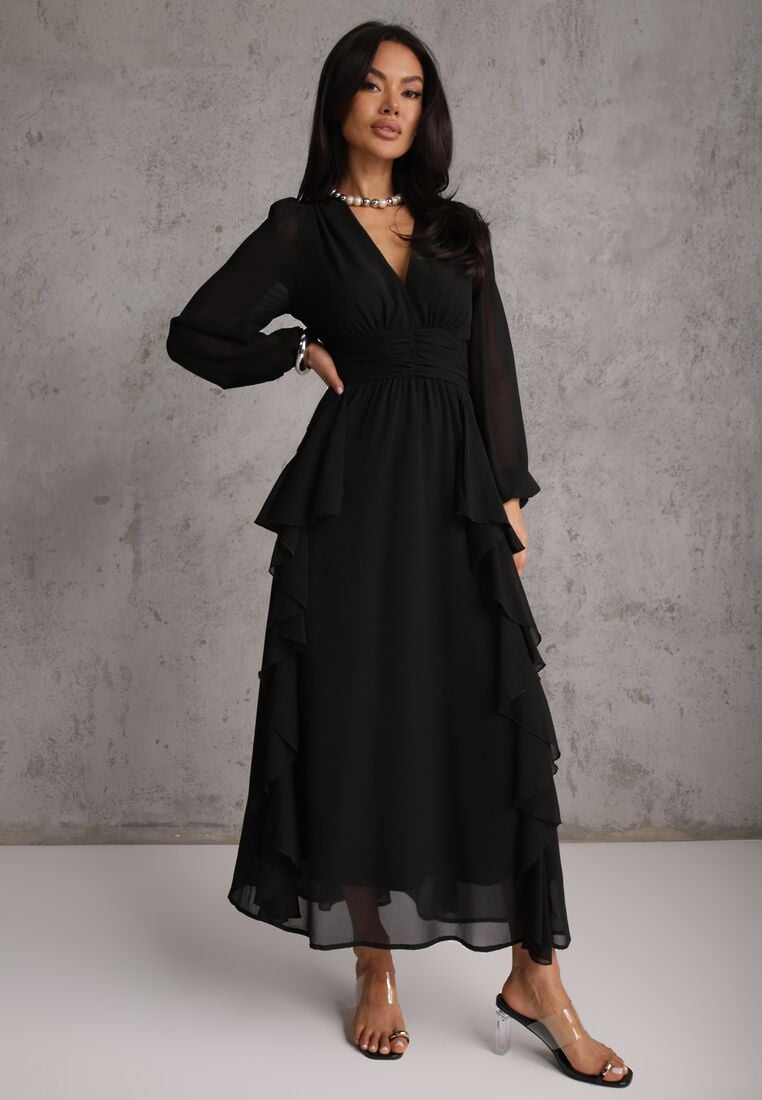 Czarna Rustykalna Sukienka Wieczorowa z Falbanami i Marszczeniem w Talii Himereanes 4
