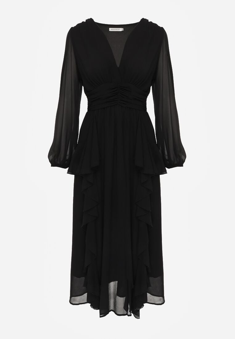 Czarna Rustykalna Sukienka Wieczorowa z Falbanami i Marszczeniem w Talii Himereanes 6