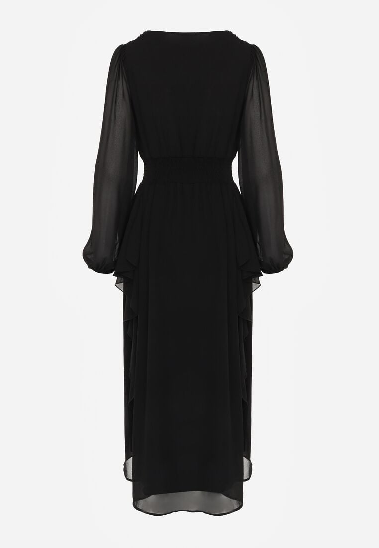 Czarna Rustykalna Sukienka Wieczorowa z Falbanami i Marszczeniem w Talii Himereanes 7