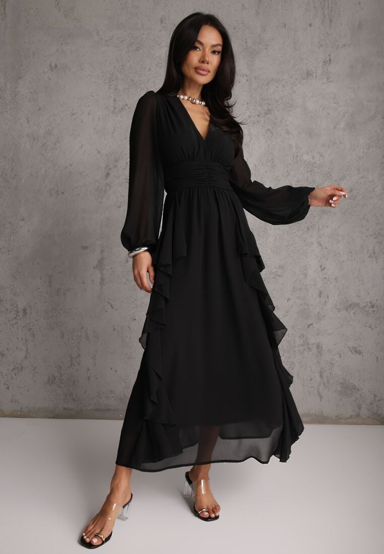Czarna Rustykalna Sukienka Wieczorowa z Falbanami i Marszczeniem w Talii Himereanes