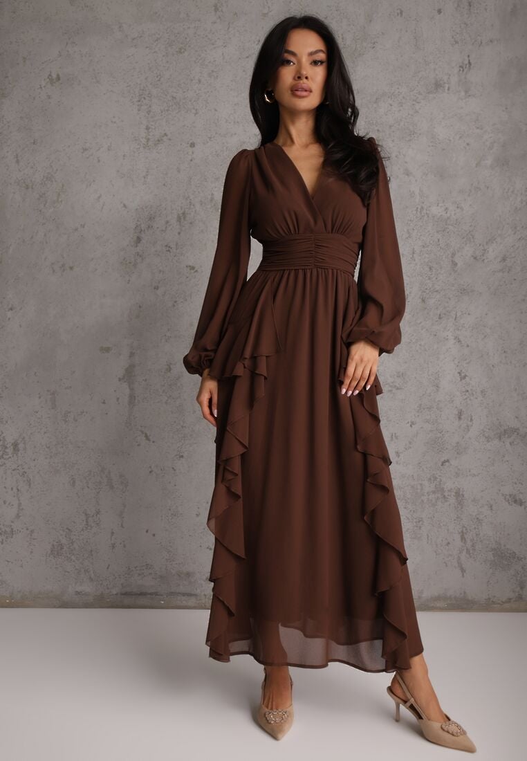 Brązowa Rustykalna Sukienka Wieczorowa z Falbanami i Marszczeniem w Talii Himereanes 4