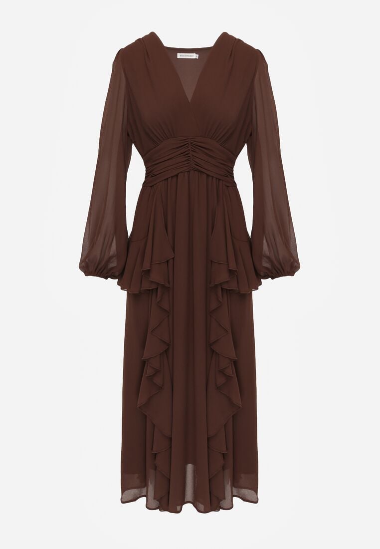 Brązowa Rustykalna Sukienka Wieczorowa z Falbanami i Marszczeniem w Talii Himereanes 6