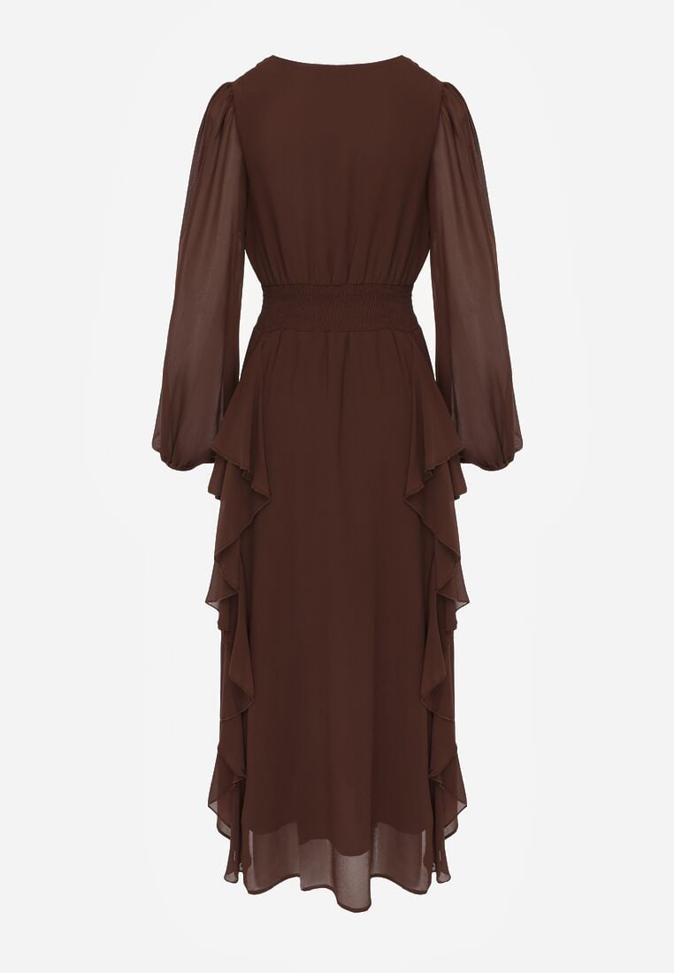 Brązowa Rustykalna Sukienka Wieczorowa z Falbanami i Marszczeniem w Talii Himereanes 7