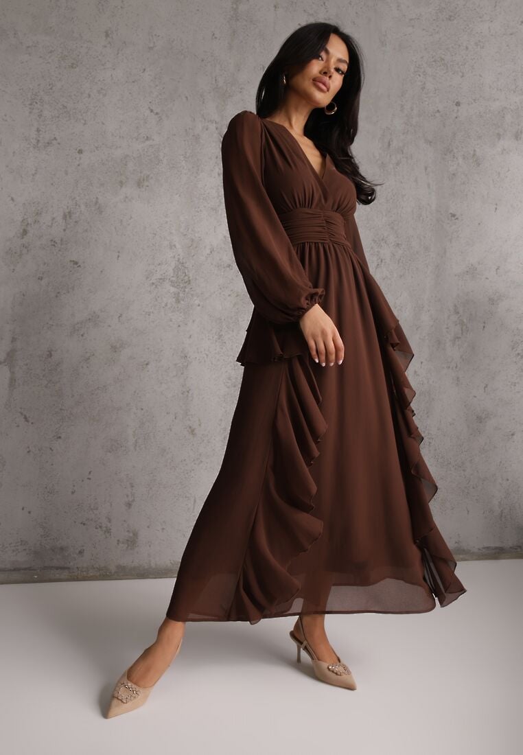 Brązowa Rustykalna Sukienka Wieczorowa z Falbanami i Marszczeniem w Talii Himereanes