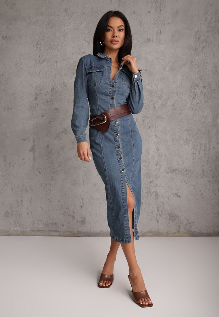 Niebieska Taliowana Sukienka Jeansowa o Koszulowym Fasonie Nezavia 4