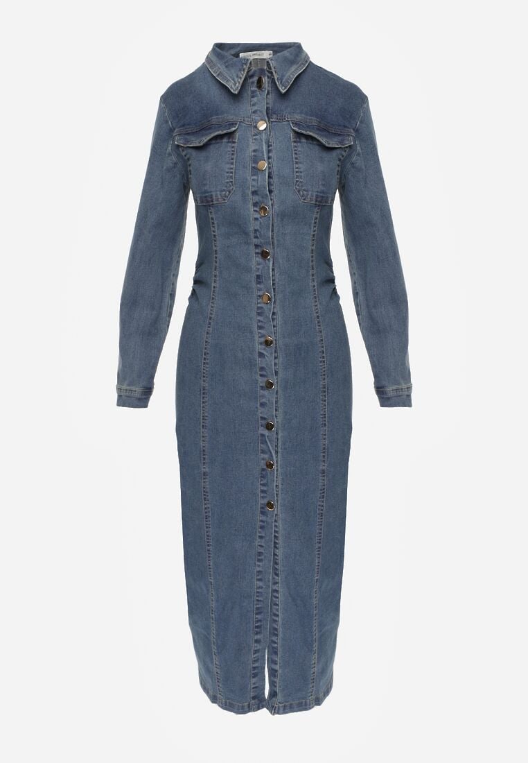 Niebieska Taliowana Sukienka Jeansowa o Koszulowym Fasonie Nezavia 6