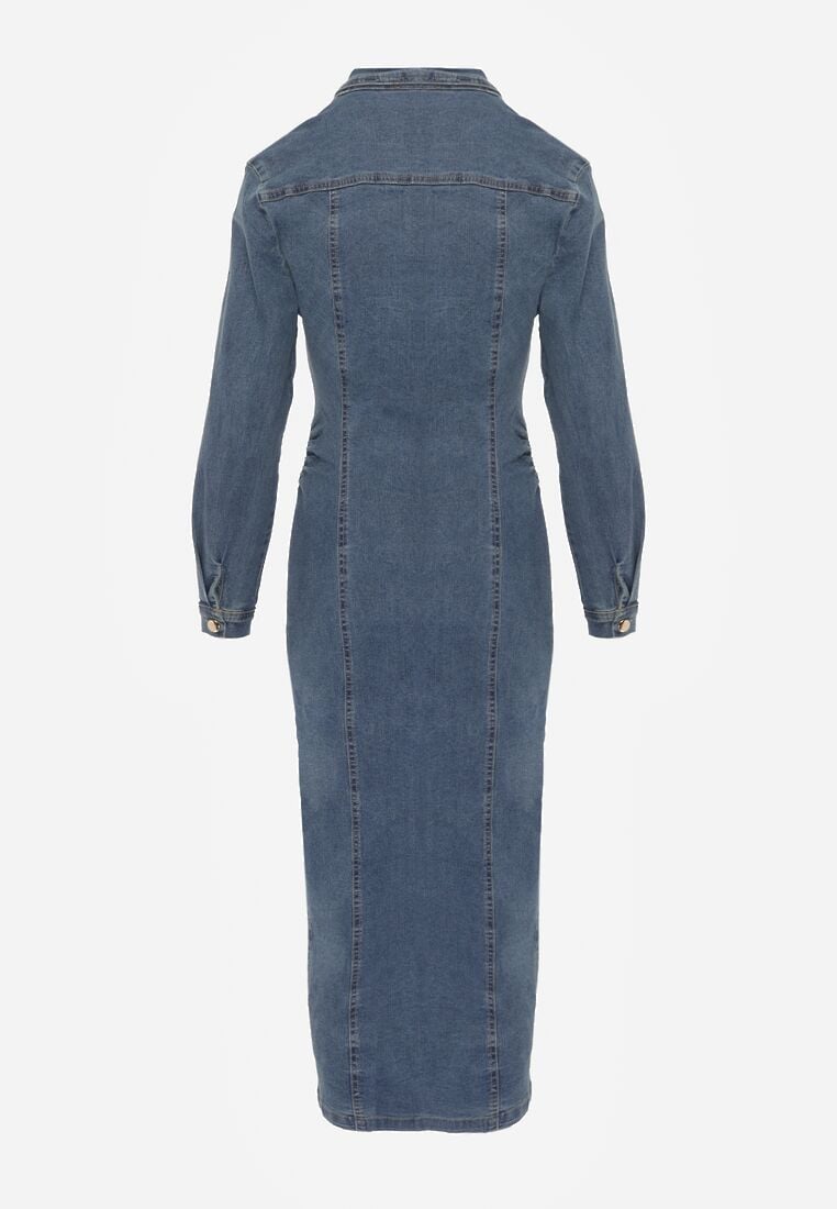 Niebieska Taliowana Sukienka Jeansowa o Koszulowym Fasonie Nezavia 7