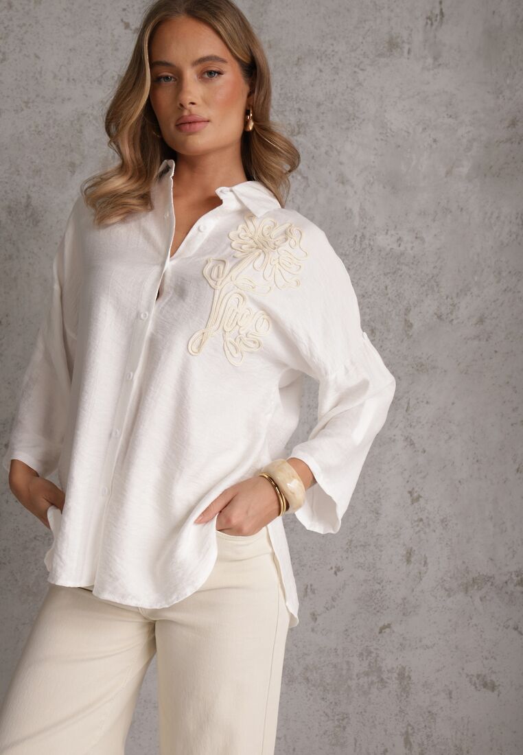 Biała Nietoperzowa Koszula z Wiskozy z Podpinanymi Rękawami i Haftem Adreaneh 4