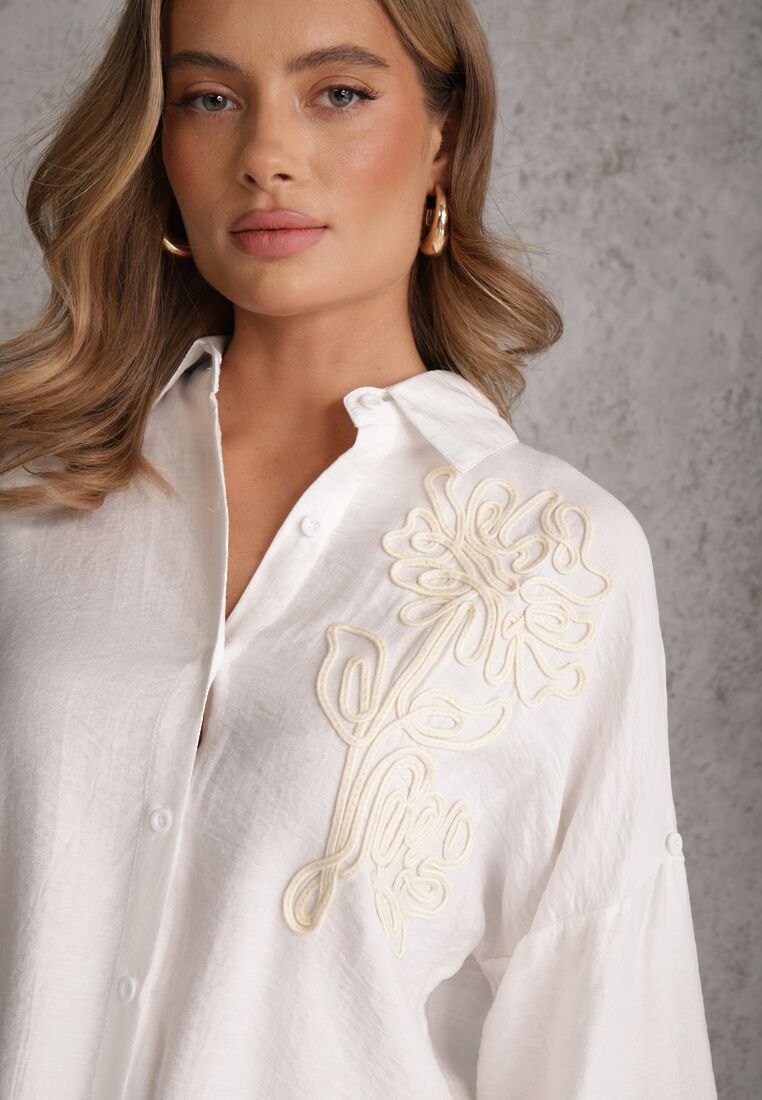 Biała Nietoperzowa Koszula z Wiskozy z Podpinanymi Rękawami i Haftem Adreaneh 5