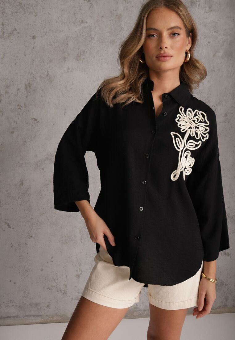 Czarna Nietoperzowa Koszula z Wiskozy z Podpinanymi Rękawami i Haftem Adreaneh 4