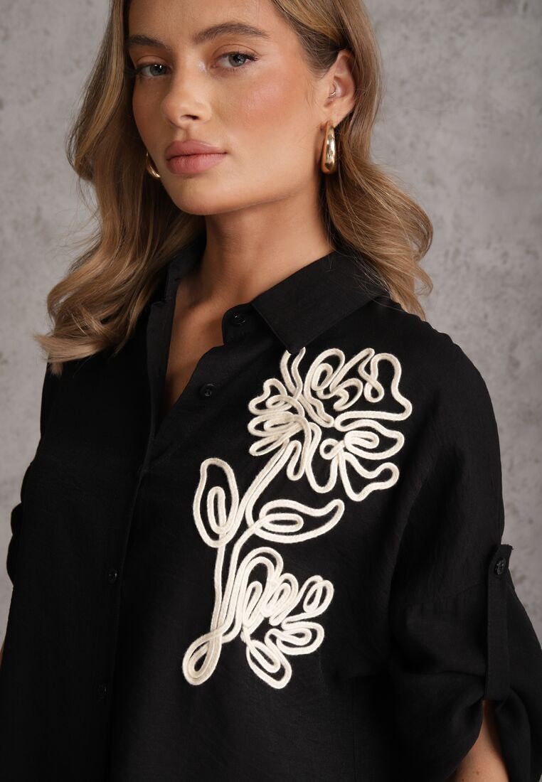 Czarna Nietoperzowa Koszula z Wiskozy z Podpinanymi Rękawami i Haftem Adreaneh 5