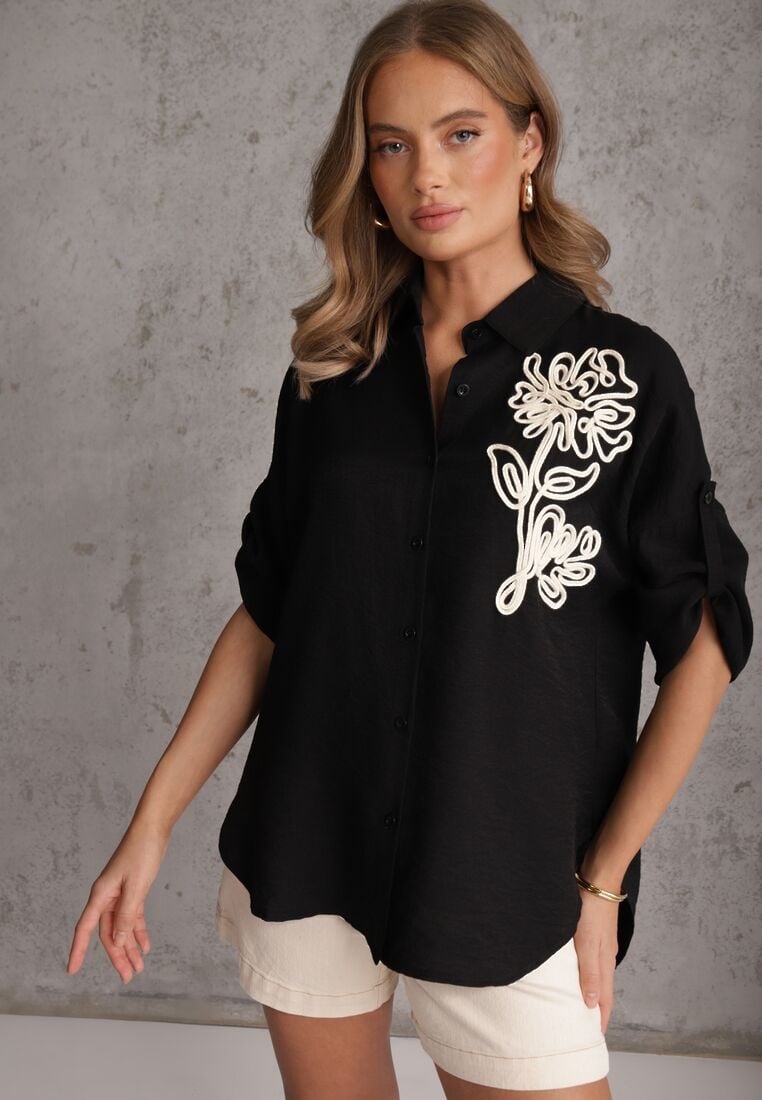 Czarna Nietoperzowa Koszula z Wiskozy z Podpinanymi Rękawami i Haftem Adreaneh