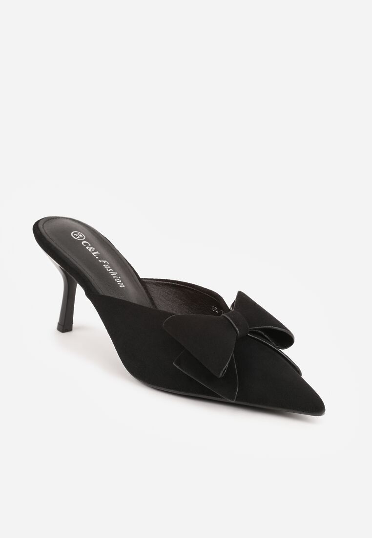 Czarne Klapki Mule na Szpilce z Kokardką Kimoseis 5