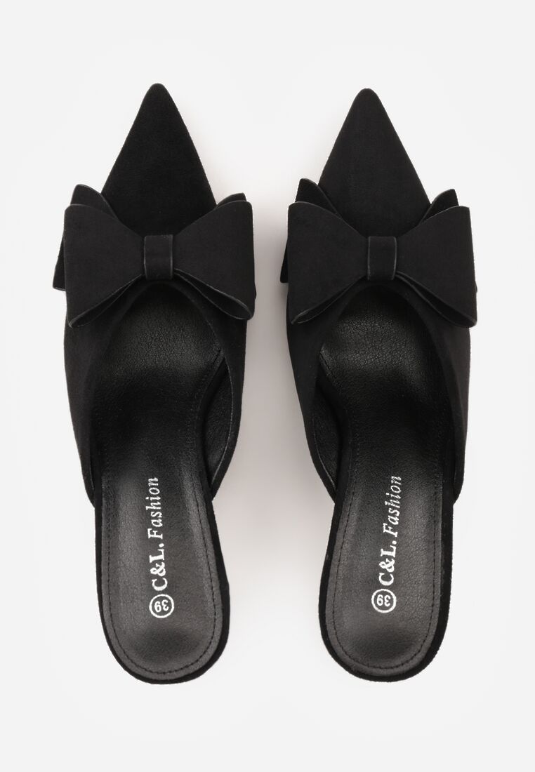 Czarne Klapki Mule na Szpilce z Kokardką Kimoseis 6