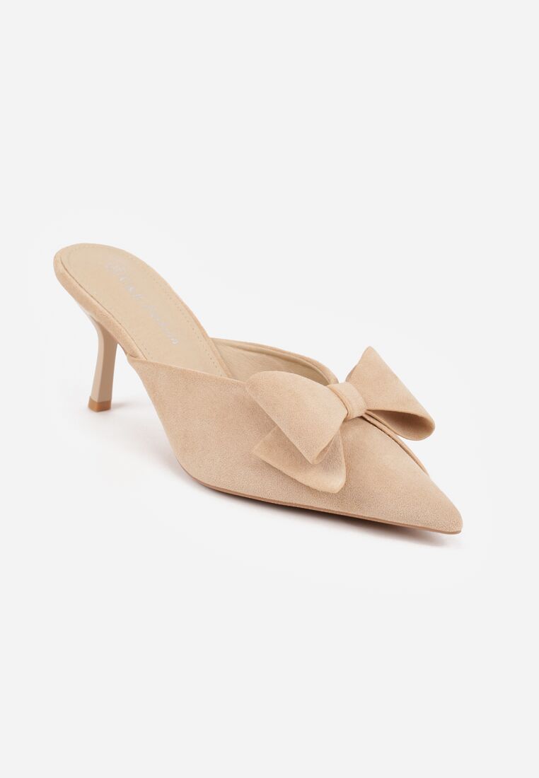 Beżowe Klapki Mule na Szpilce z Kokardką Kimoseis 5
