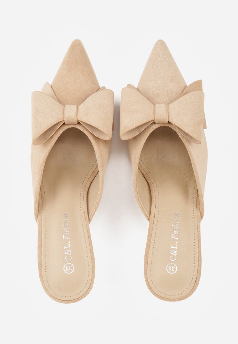 Beżowe Klapki Mule na Szpilce z Kokardką Kimoseis 6