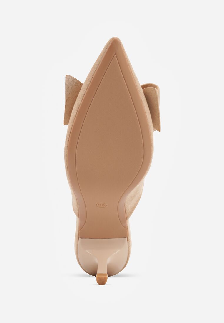 Beżowe Klapki Mule na Szpilce z Kokardką Kimoseis 7
