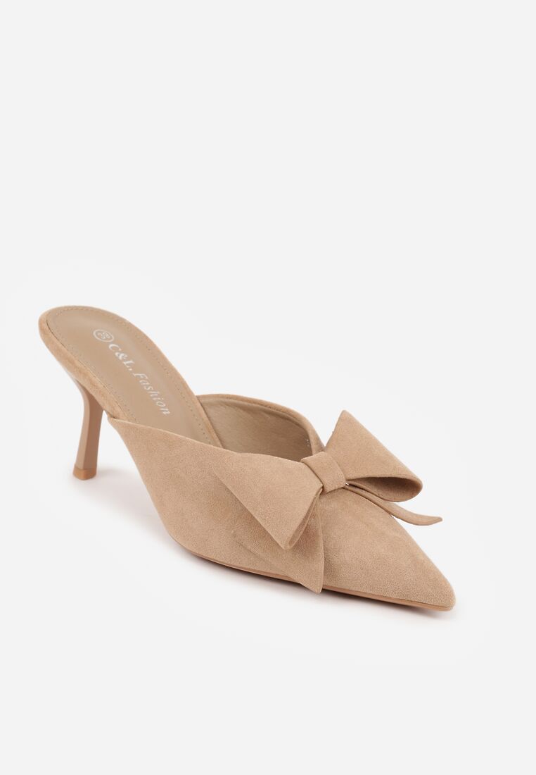 Ciemnobeżowe Klapki Mule na Szpilce z Kokardką Kimoseis 5