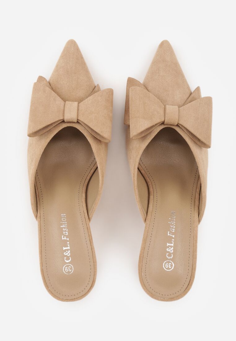 Ciemnobeżowe Klapki Mule na Szpilce z Kokardką Kimoseis 6