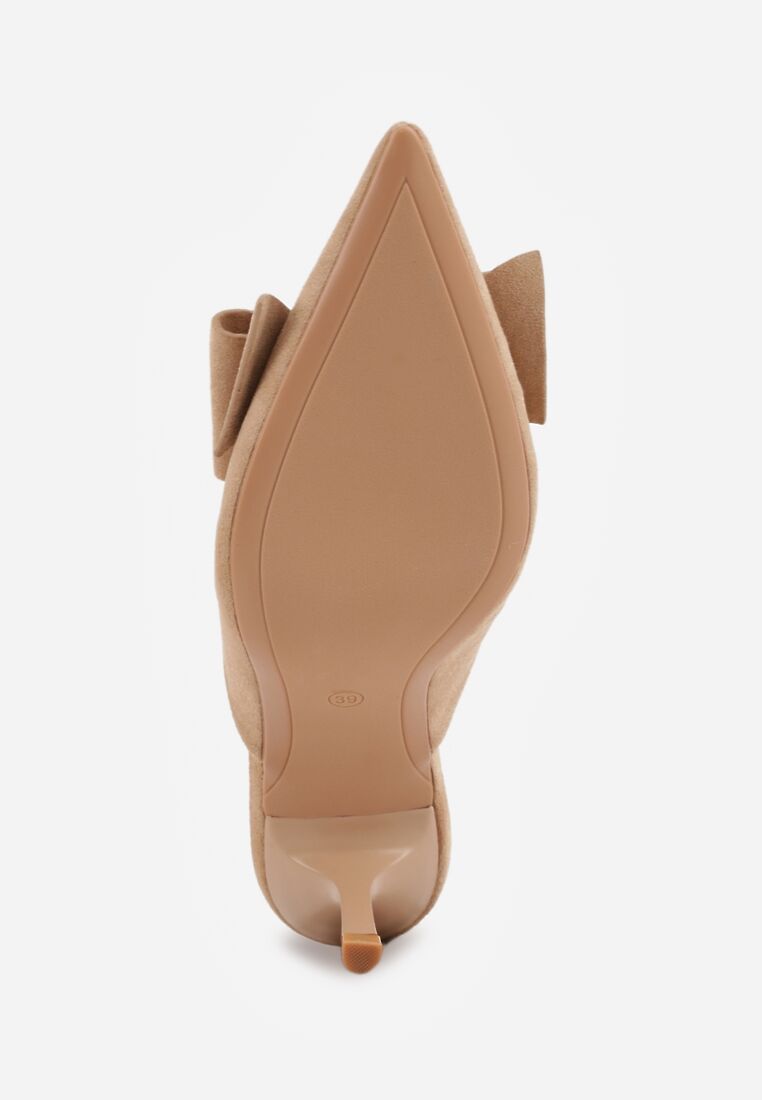 Ciemnobeżowe Klapki Mule na Szpilce z Kokardką Kimoseis 7