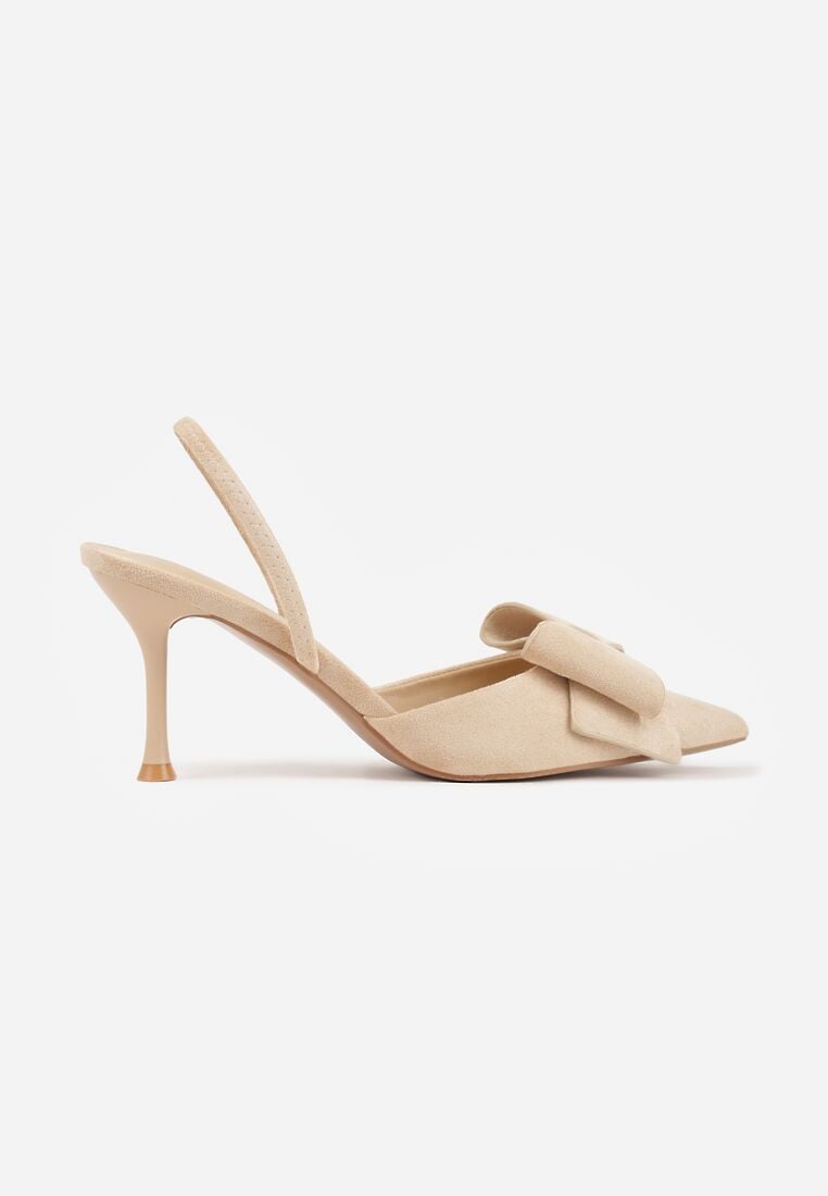 Beżowe Szpilki z Imitacji Zamszu z Paskiem na Piętę i Ozdobną Kokardą Themigeia 4