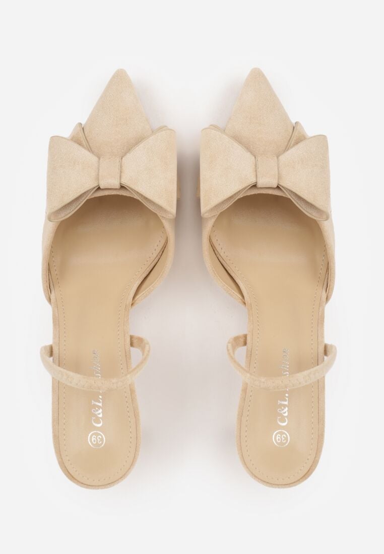 Beżowe Szpilki z Imitacji Zamszu z Paskiem na Piętę i Ozdobną Kokardą Themigeia 6