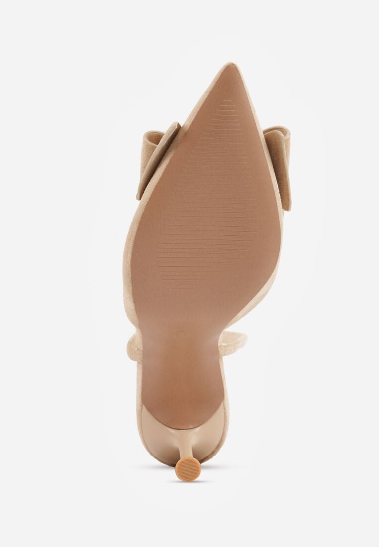 Beżowe Szpilki z Imitacji Zamszu z Paskiem na Piętę i Ozdobną Kokardą Themigeia 7