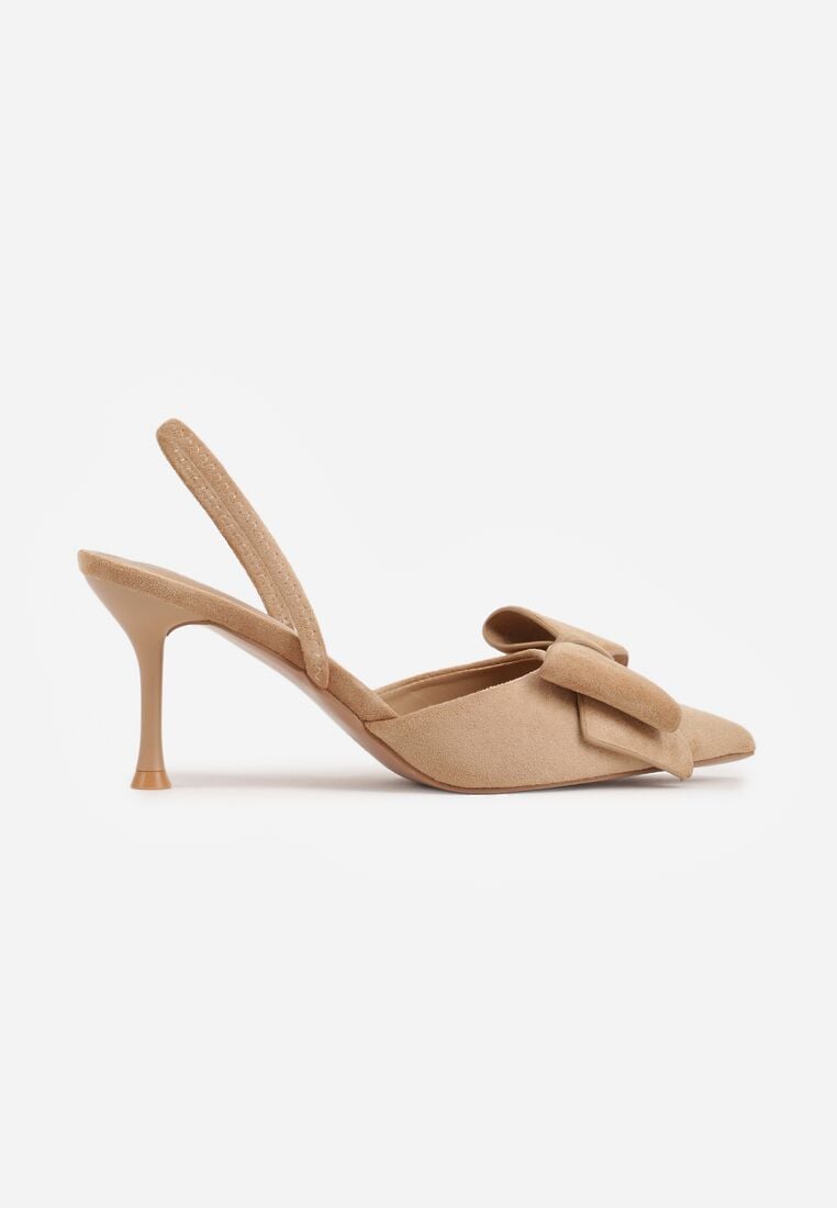 Ciemnobeżowe Szpilki z Imitacji Zamszu z Paskiem na Piętę i Ozdobną Kokardą Themigeia 4