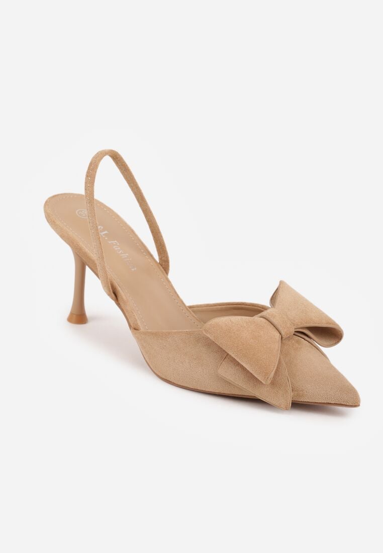 Ciemnobeżowe Szpilki z Imitacji Zamszu z Paskiem na Piętę i Ozdobną Kokardą Themigeia 5