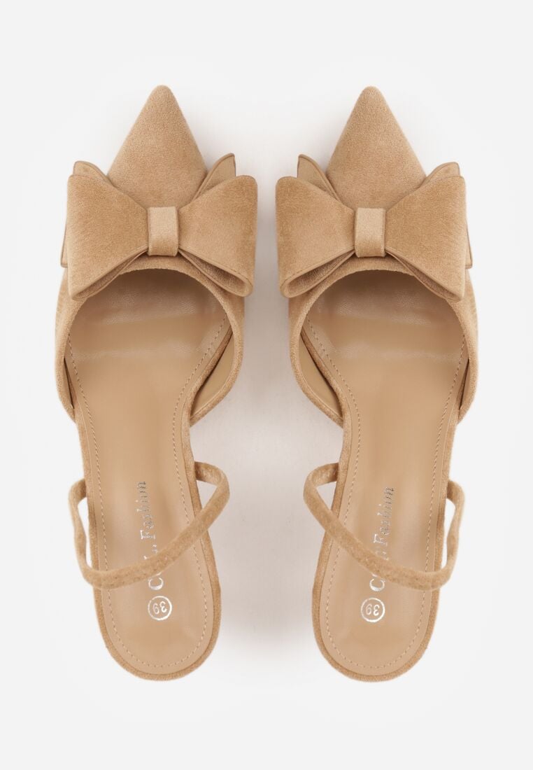 Ciemnobeżowe Szpilki z Imitacji Zamszu z Paskiem na Piętę i Ozdobną Kokardą Themigeia 6