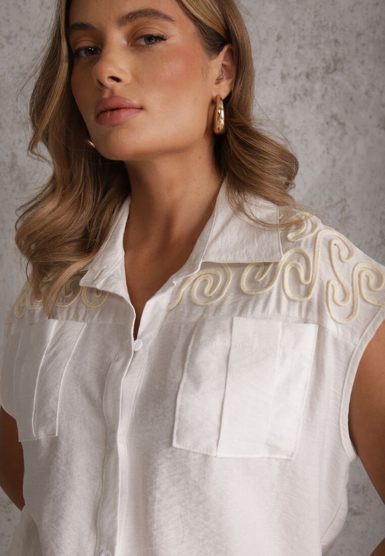 Biała Boho Koszula z Wiskozy Bez Rękawów ze Ściągaczem w Talii Assabel 5