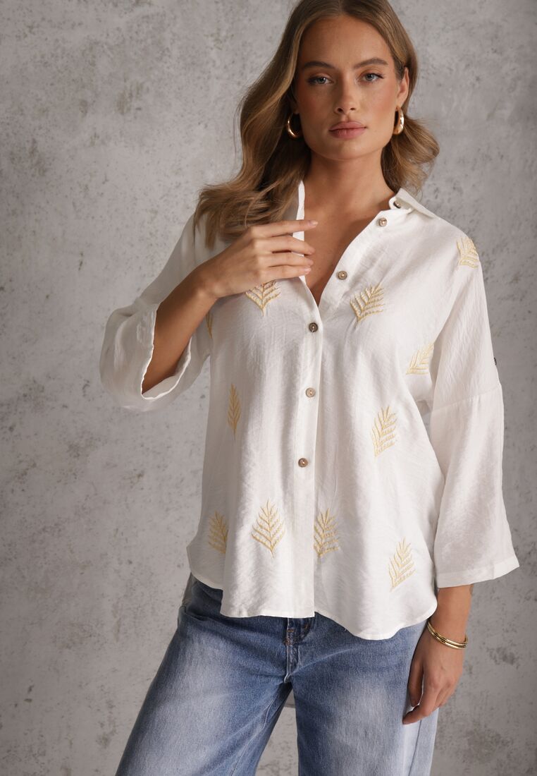 Biała Wiskozowa Koszula z Przedłużonym Tyłem Haftem i Podpinanymi Rękawami Sophora 4