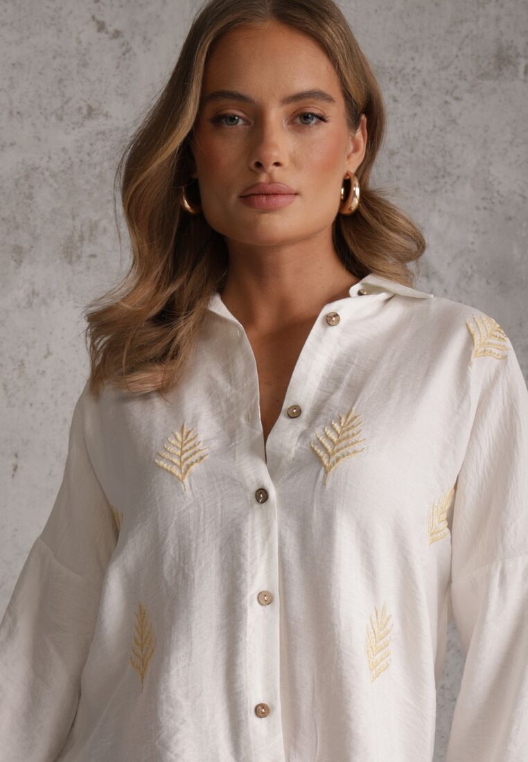 Biała Wiskozowa Koszula z Przedłużonym Tyłem Haftem i Podpinanymi Rękawami Sophora 5