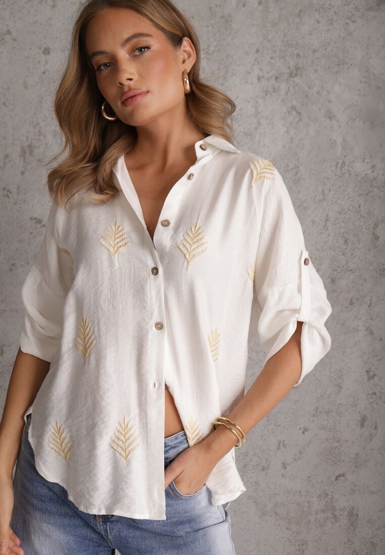 Biała Wiskozowa Koszula z Przedłużonym Tyłem Haftem i Podpinanymi Rękawami Sophora