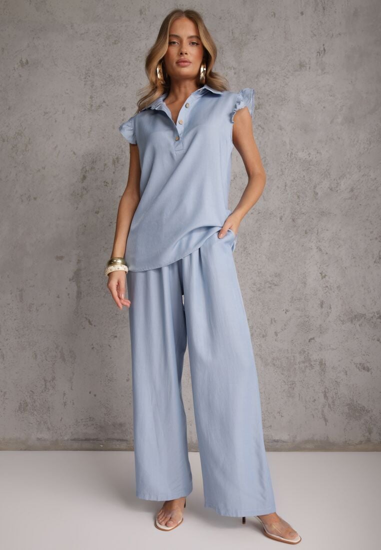 Jasnoniebieski Komplet z Wiskozą Bluzka z Kołnierzem i Spodnie Wide Leg Naunne 4