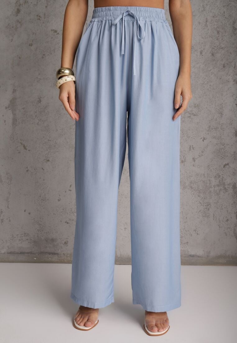 Jasnoniebieski Komplet z Wiskozą Bluzka z Kołnierzem i Spodnie Wide Leg Naunne 5
