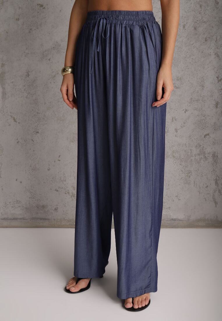 Granatowy Komplet z Wiskozą Bluzka z Kołnierzem i Spodnie Wide Leg Naunne 5