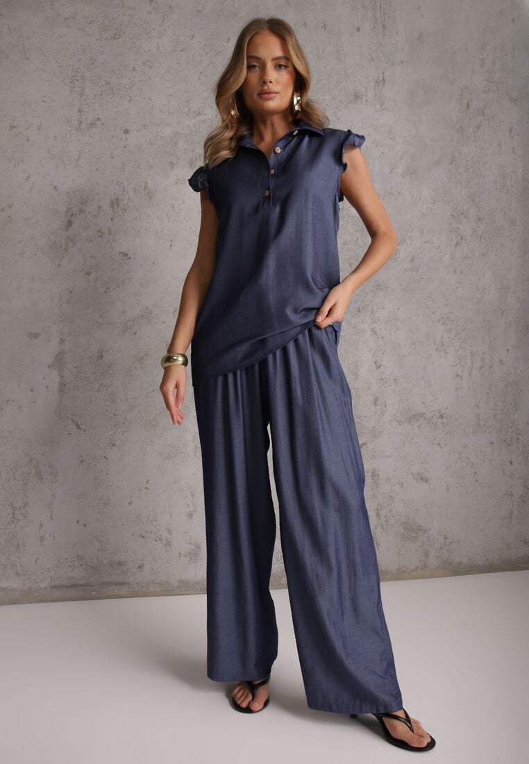 Granatowy Komplet z Wiskozą Bluzka z Kołnierzem i Spodnie Wide Leg Naunne